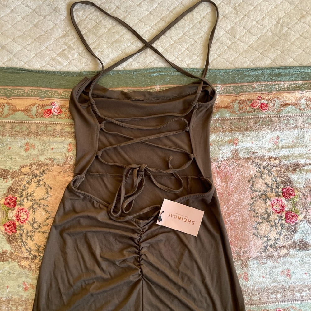 SOLD Shein Bae|Olive Brown Maxi Dress with thigh Slit Open Back|Large|NWT - Picture 4 of 6